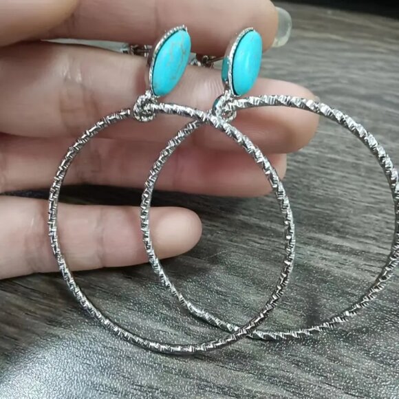 Solid 925 Sterling Silver Womens Large Turquoise Hoop Earrings Ladies Jewelry